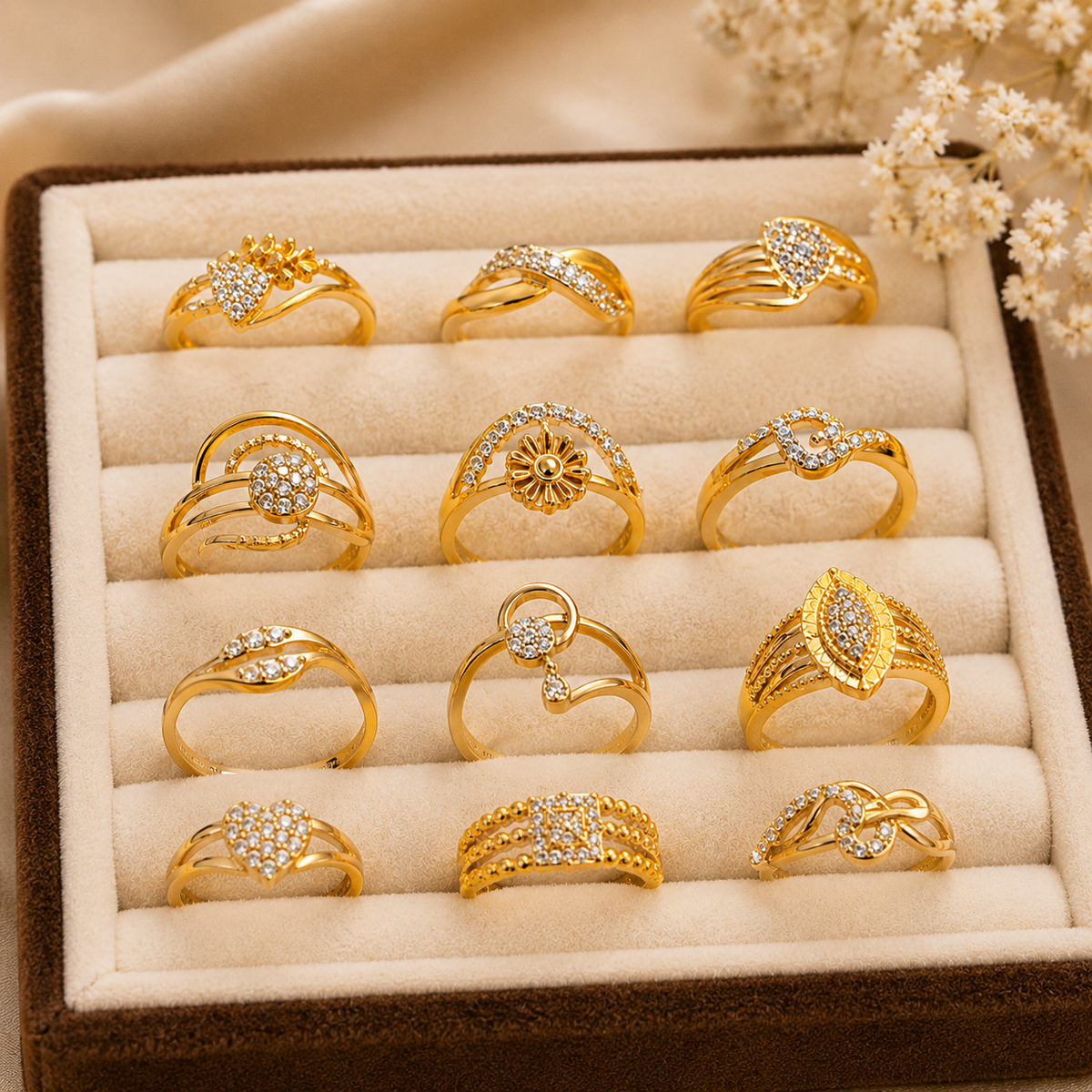 Elegant gold rings on velvet tray