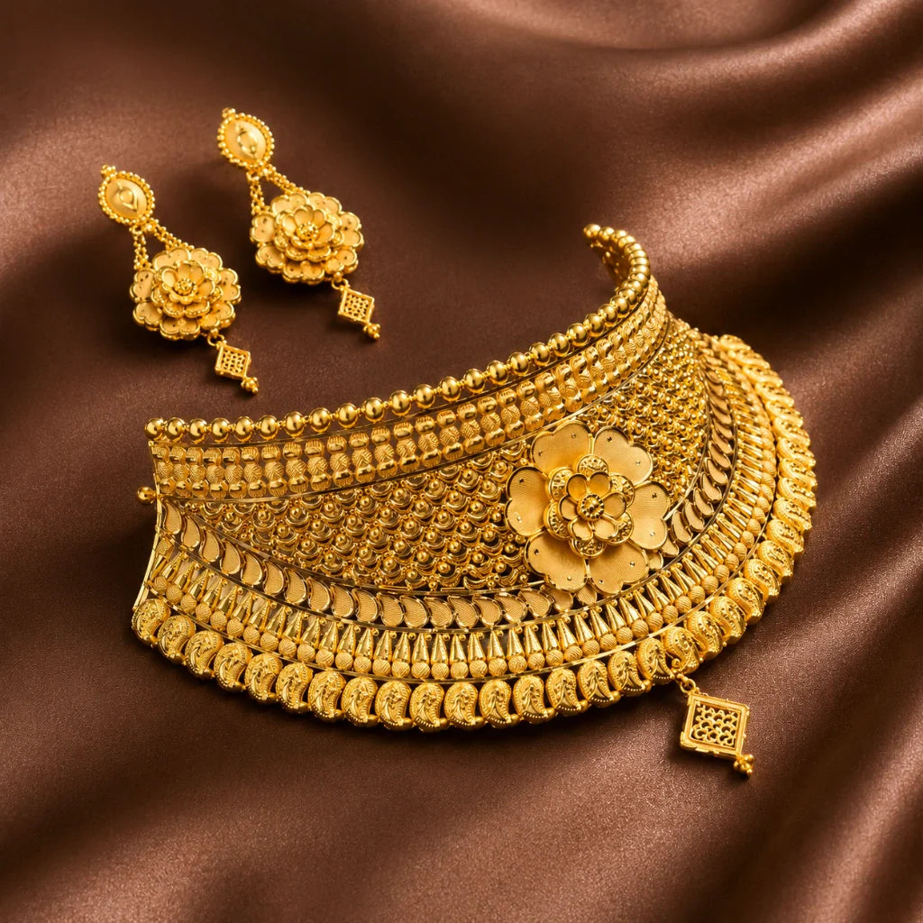 Luxurious gold choker and earrings set
