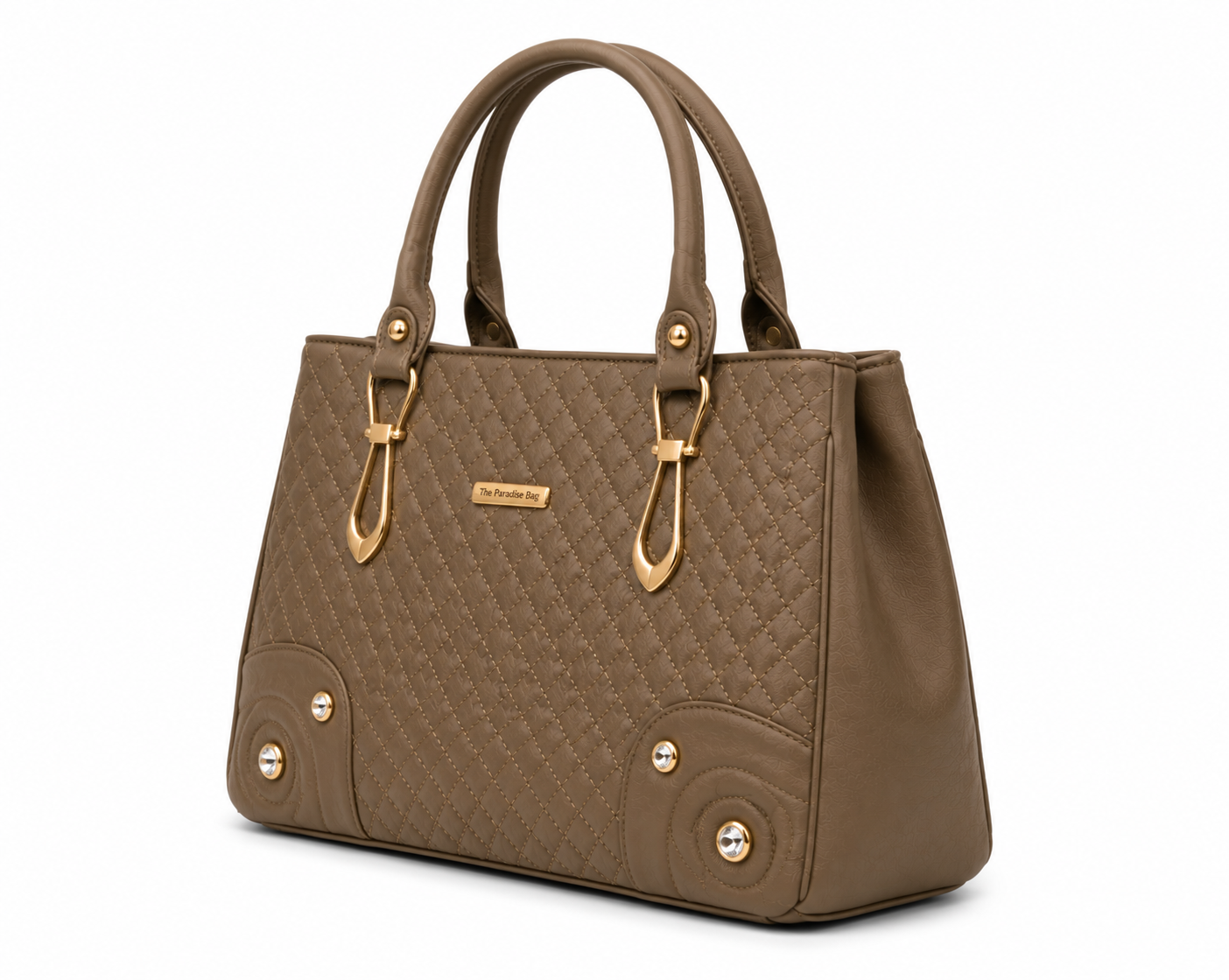 Brown handbag with gold accents on a white background