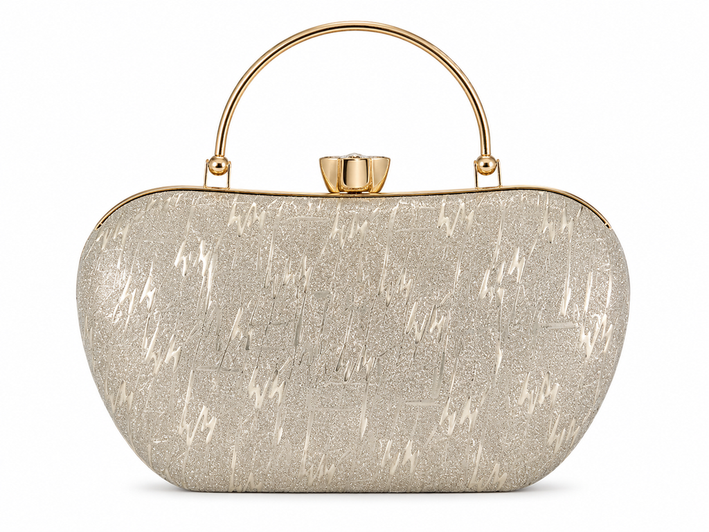 Silver clutch bag with gold handle and clasp on a white background