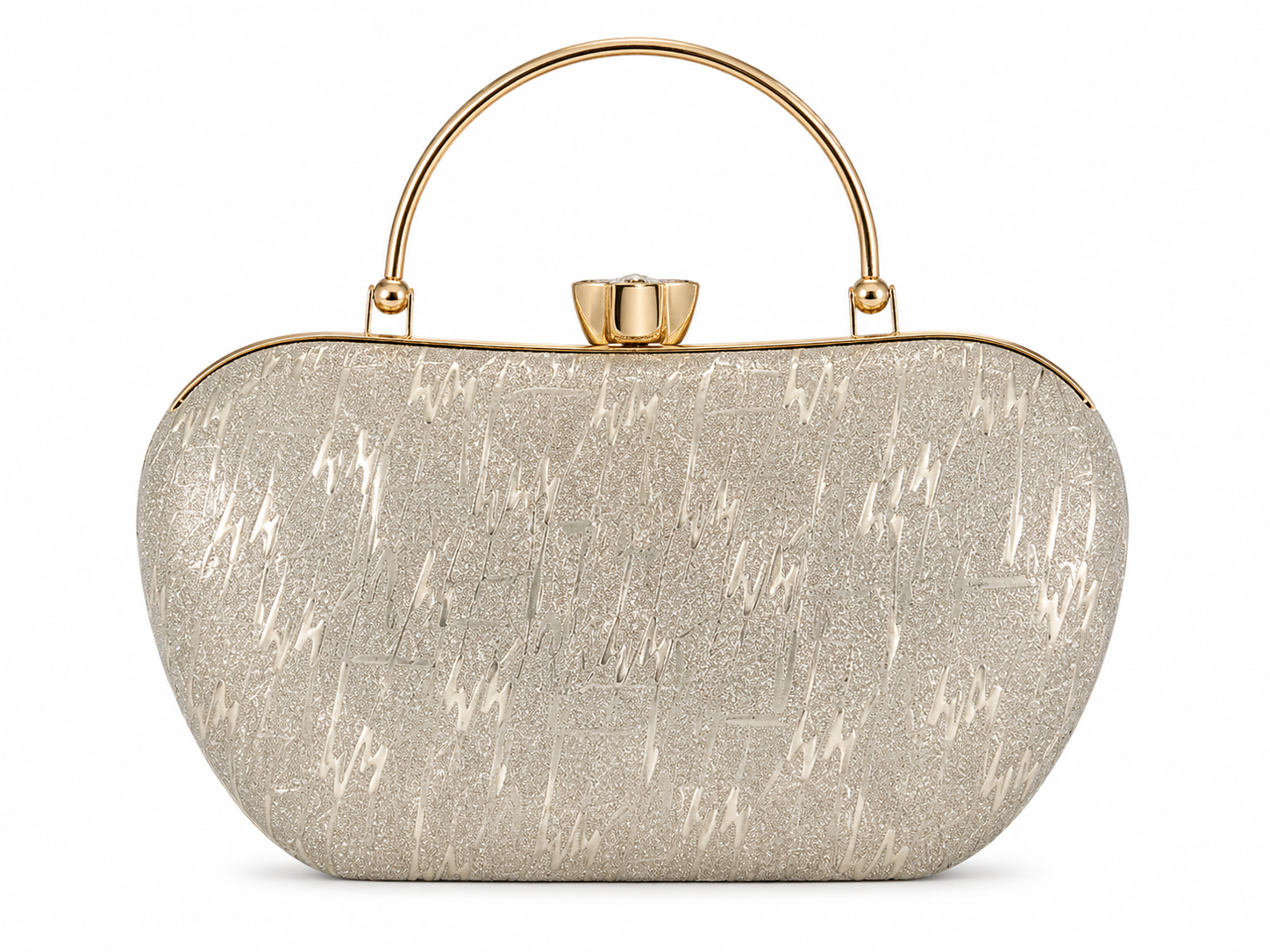 Silver clutch bag with gold handle and clasp on a white background