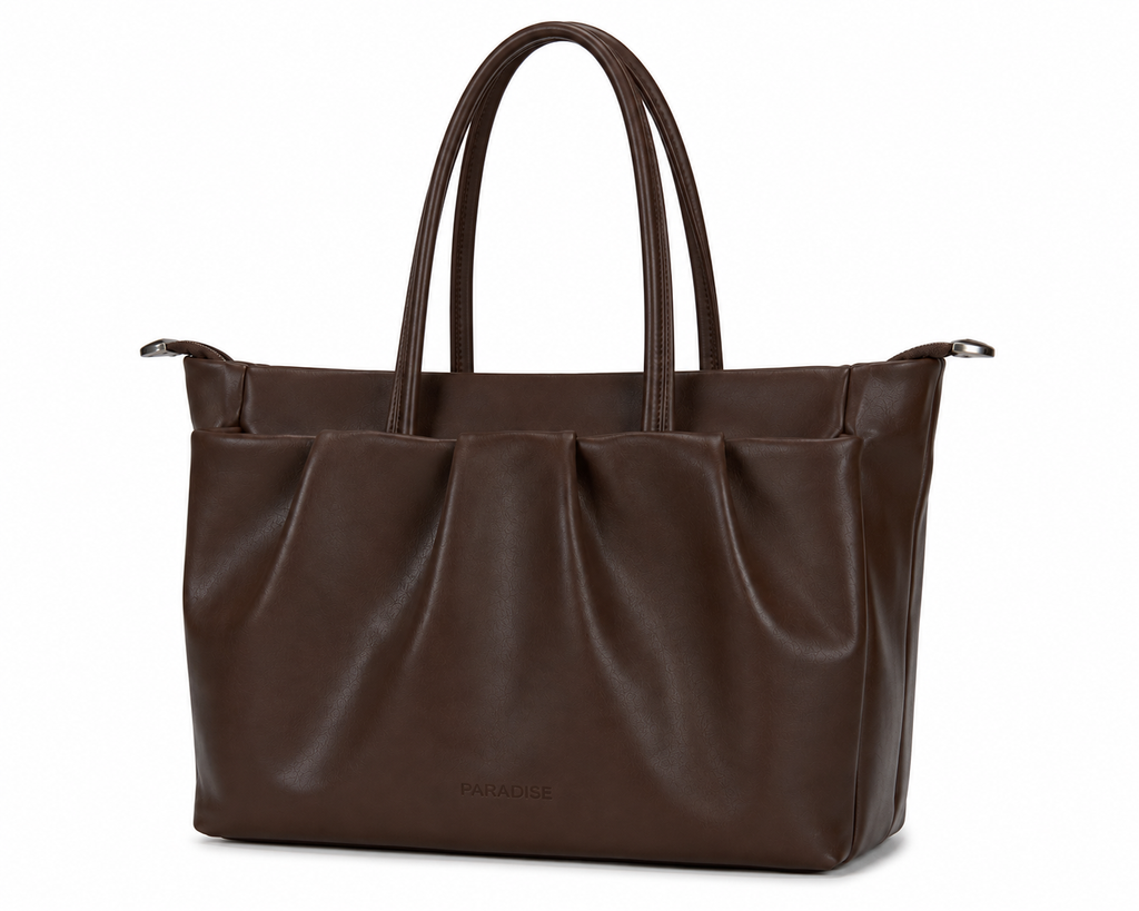 Brown leather tote bag on a white background