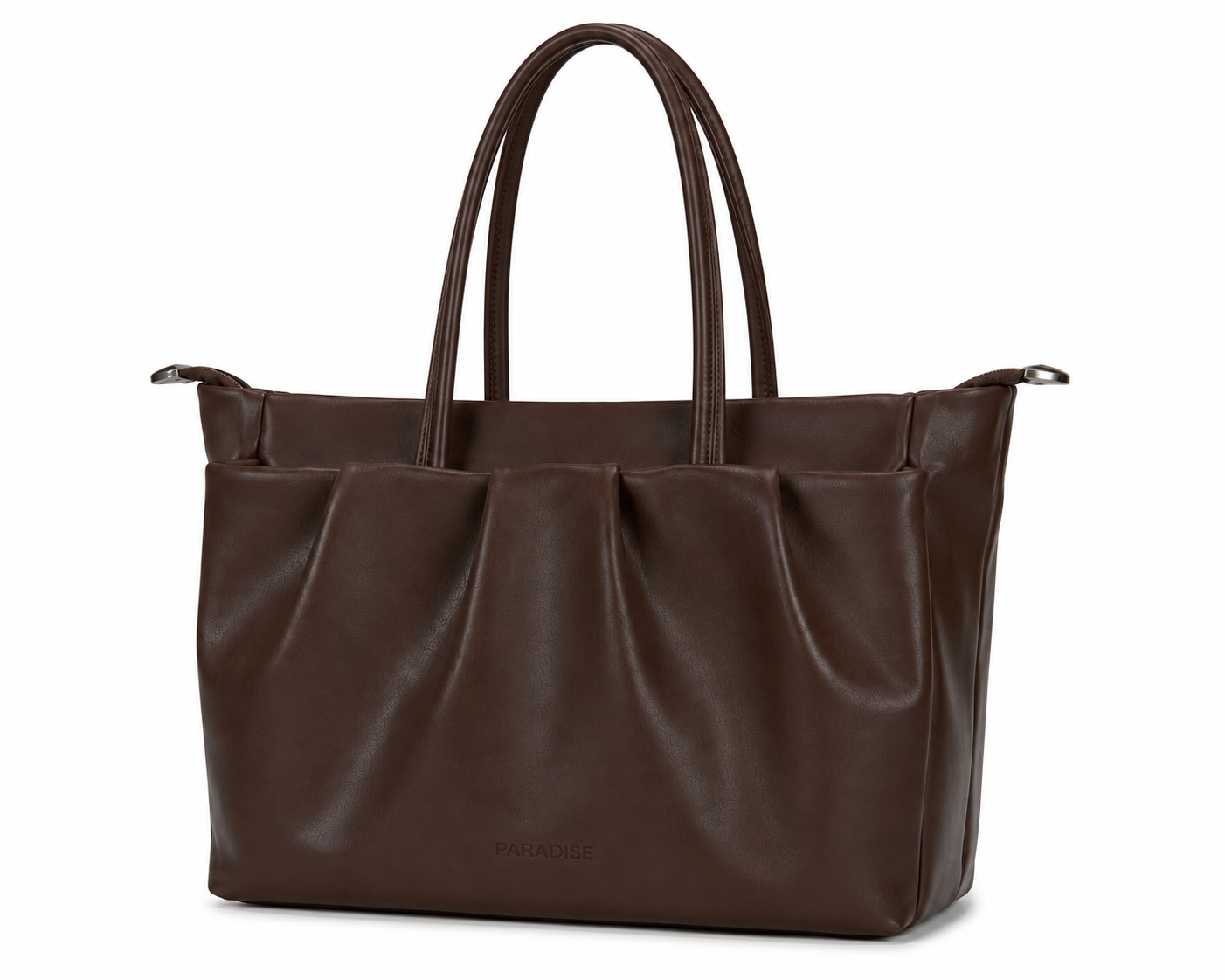 Brown leather tote bag on a white background