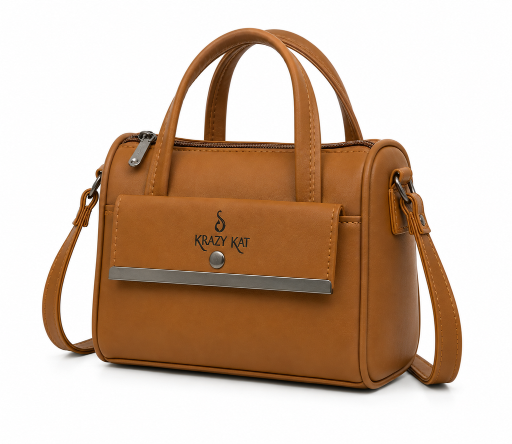 Brown handbag with 'Krazy Kat' logo on a white background