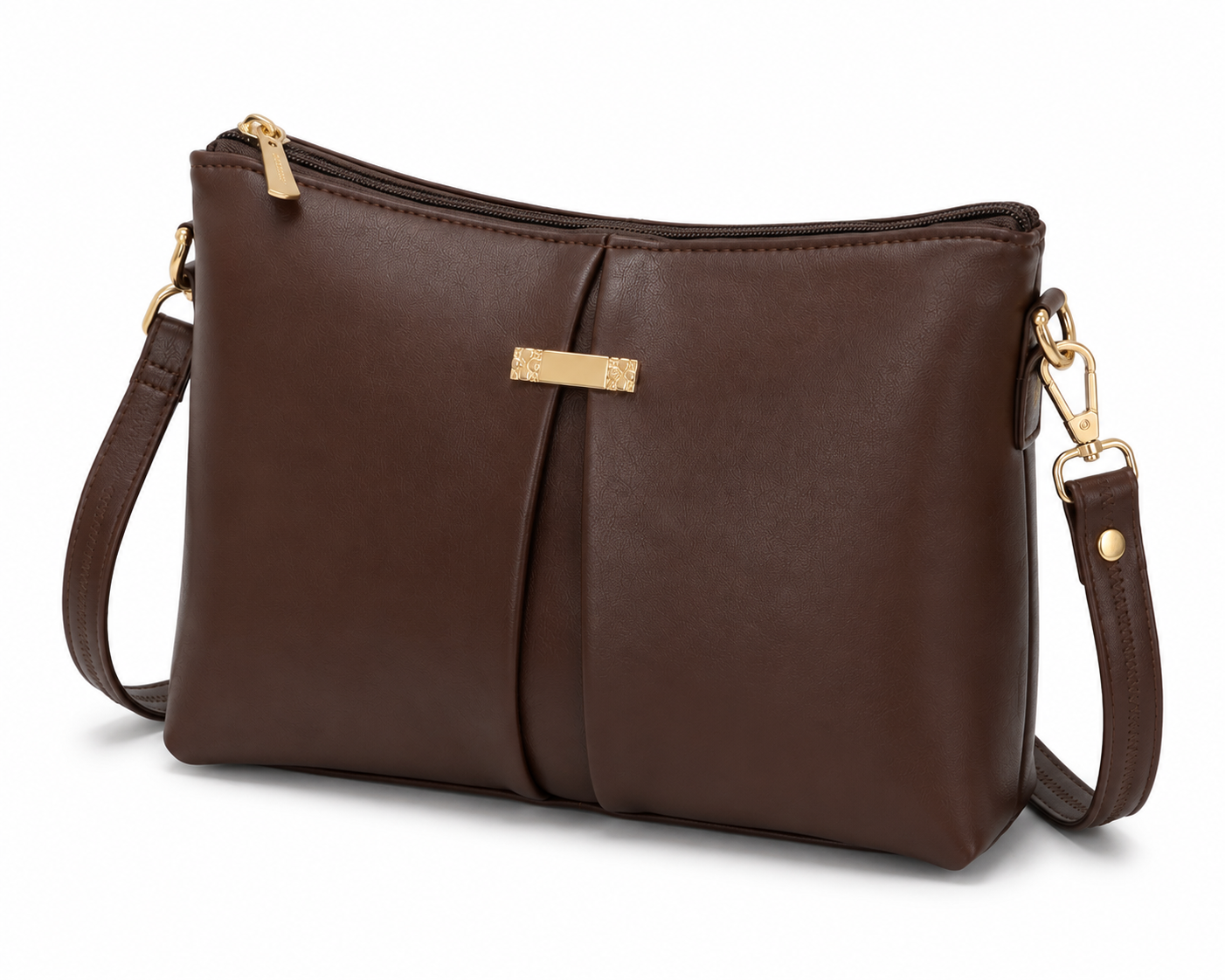 Brown leather handbag with gold accents on a white background