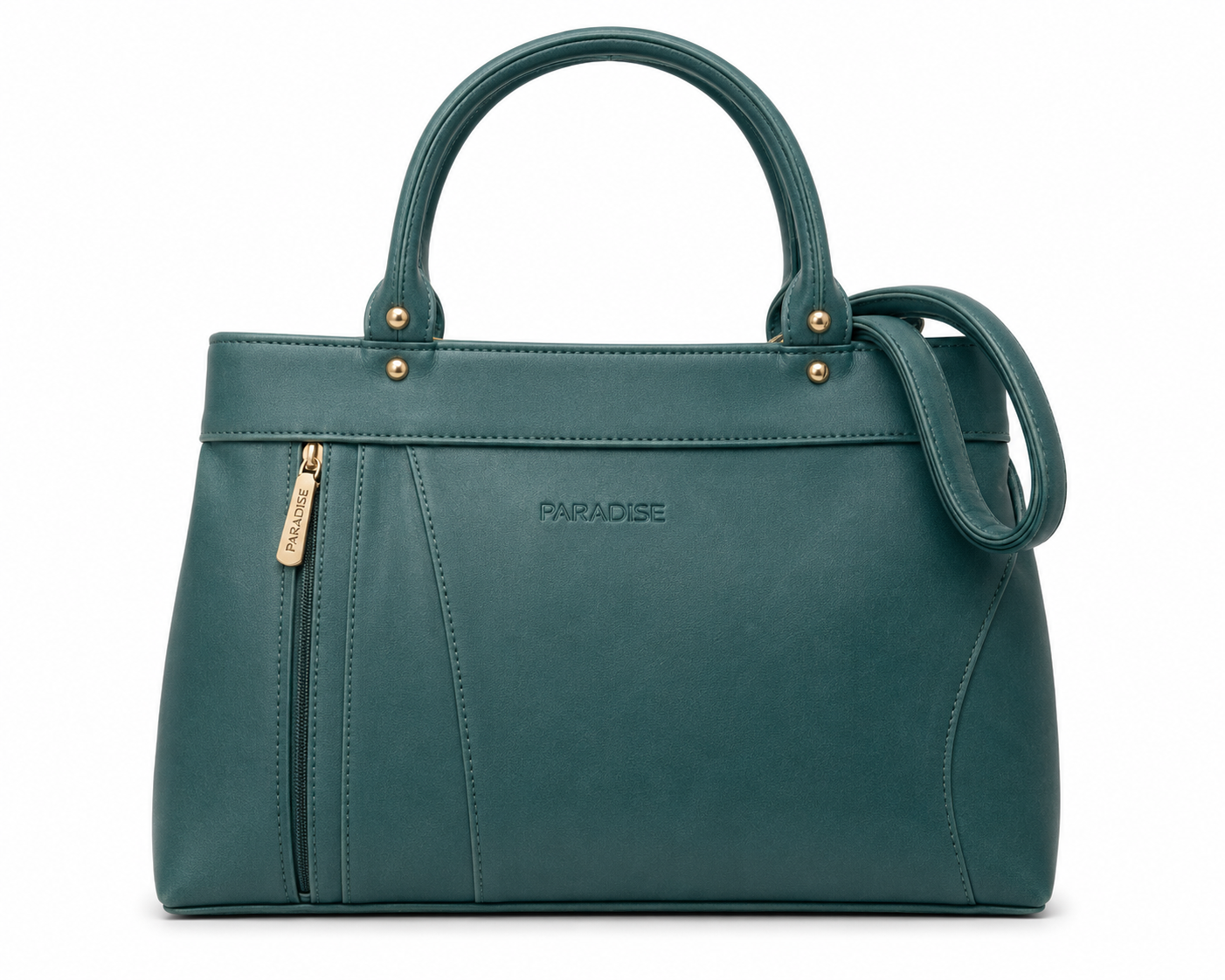 Teal handbag with gold accents on a white background