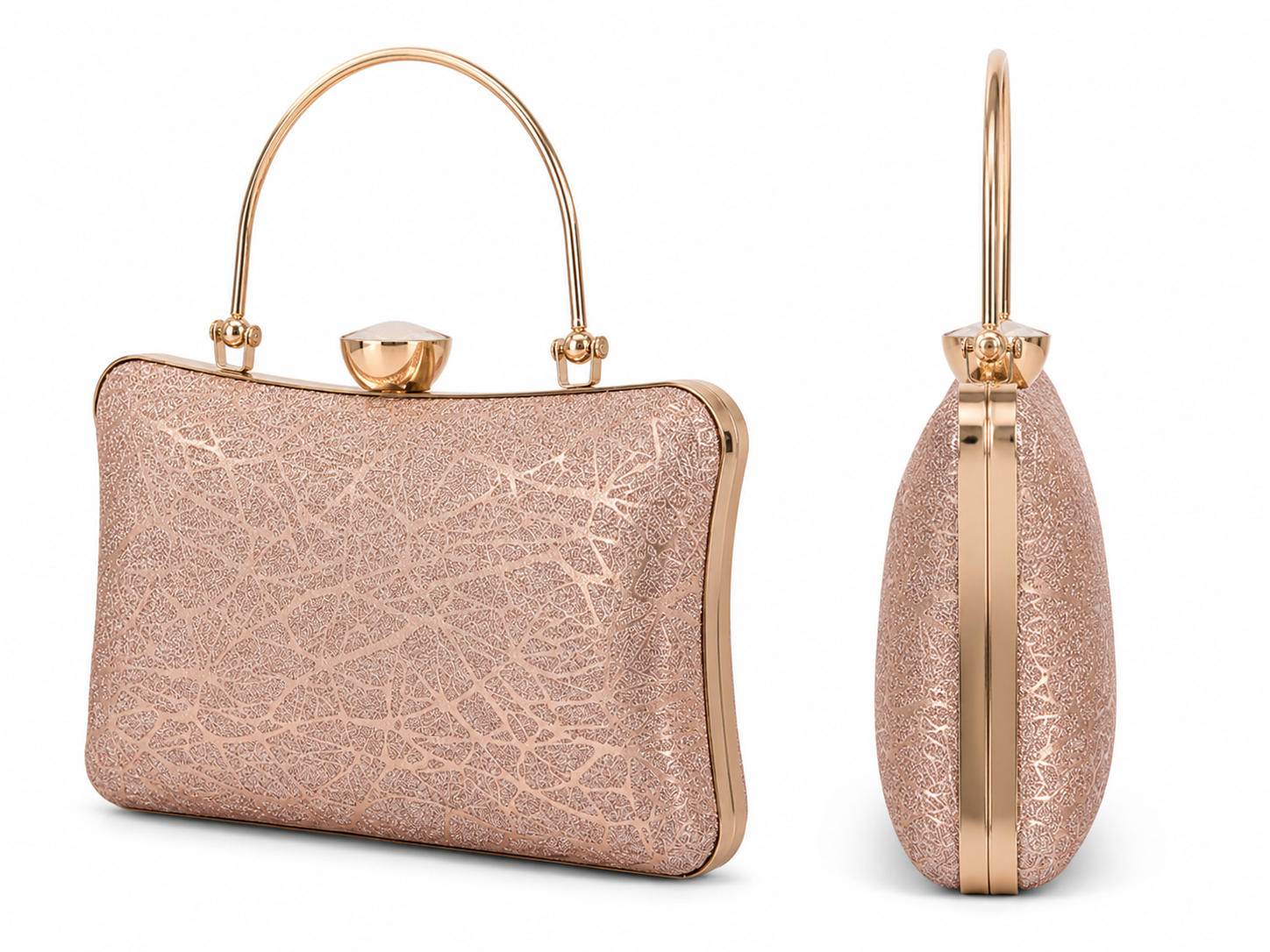 Rose gold clutch bag with intricate design on a white background