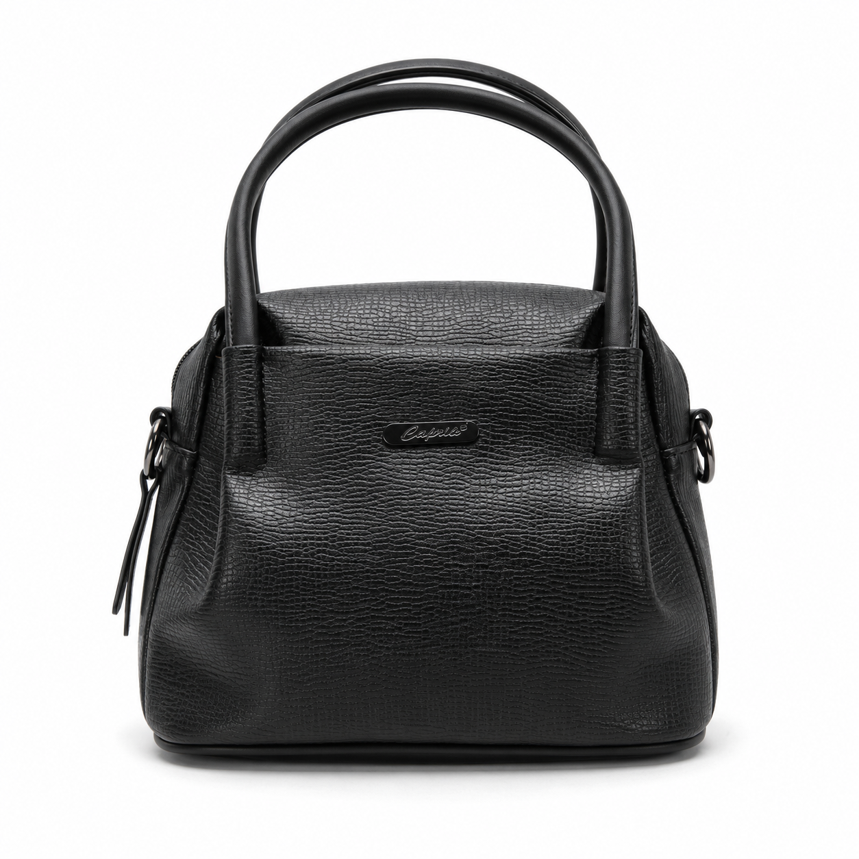Black handbag with a visible brand logo on a white background