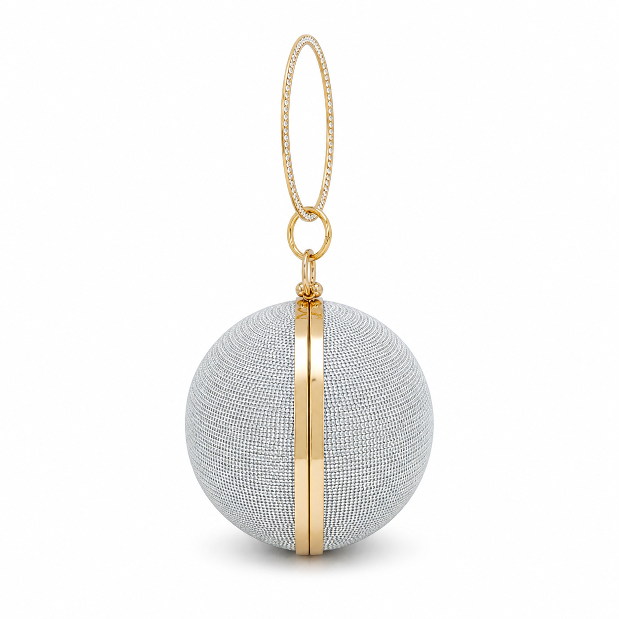Silver spherical handbag with gold accents on a white background