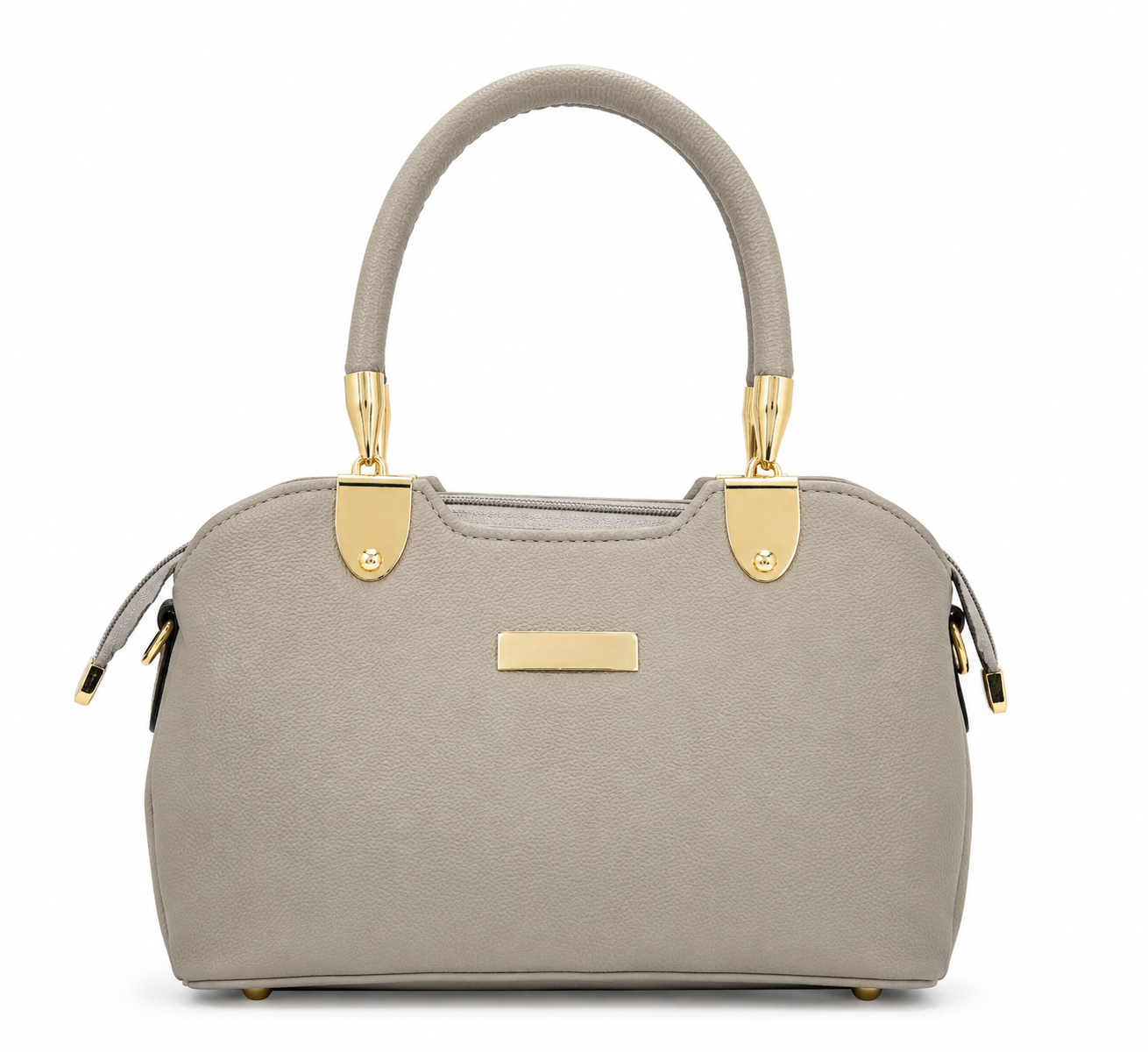 Gray handbag with gold accents on a white background