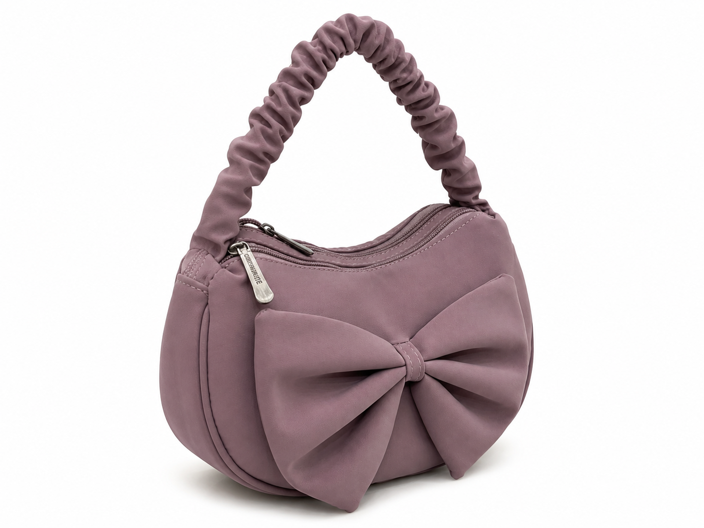 Purple handbag with a large bow on a white background