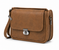 Brown leather shoulder bag with a silver clasp on a white background