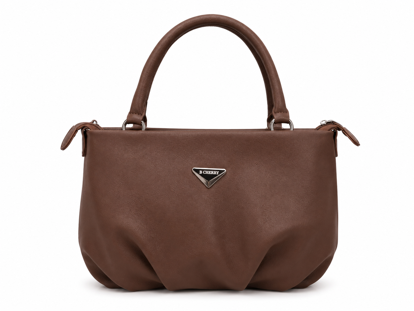 Brown handbag with a brand logo on a white background