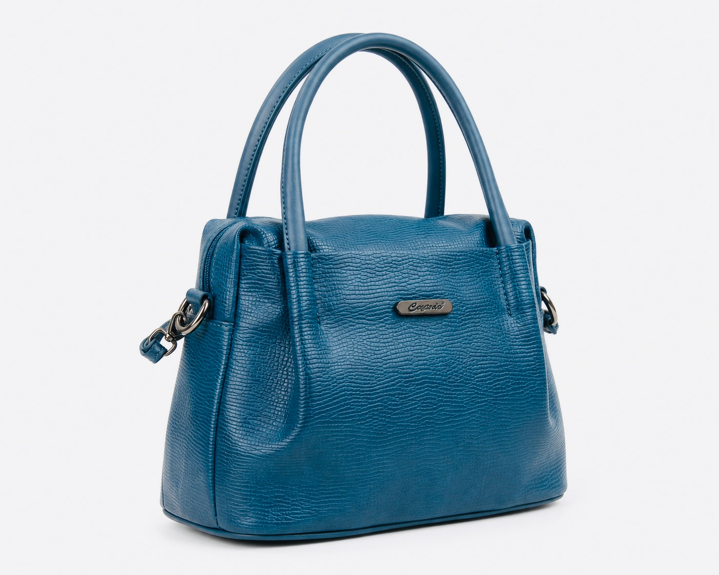 Blue handbag with a visible brand logo on a white background