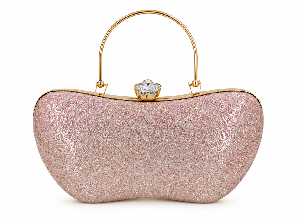 Pink clutch bag with gold handle and clasp on a white background