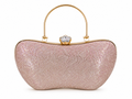 Pink clutch bag with gold handle and clasp on a white background