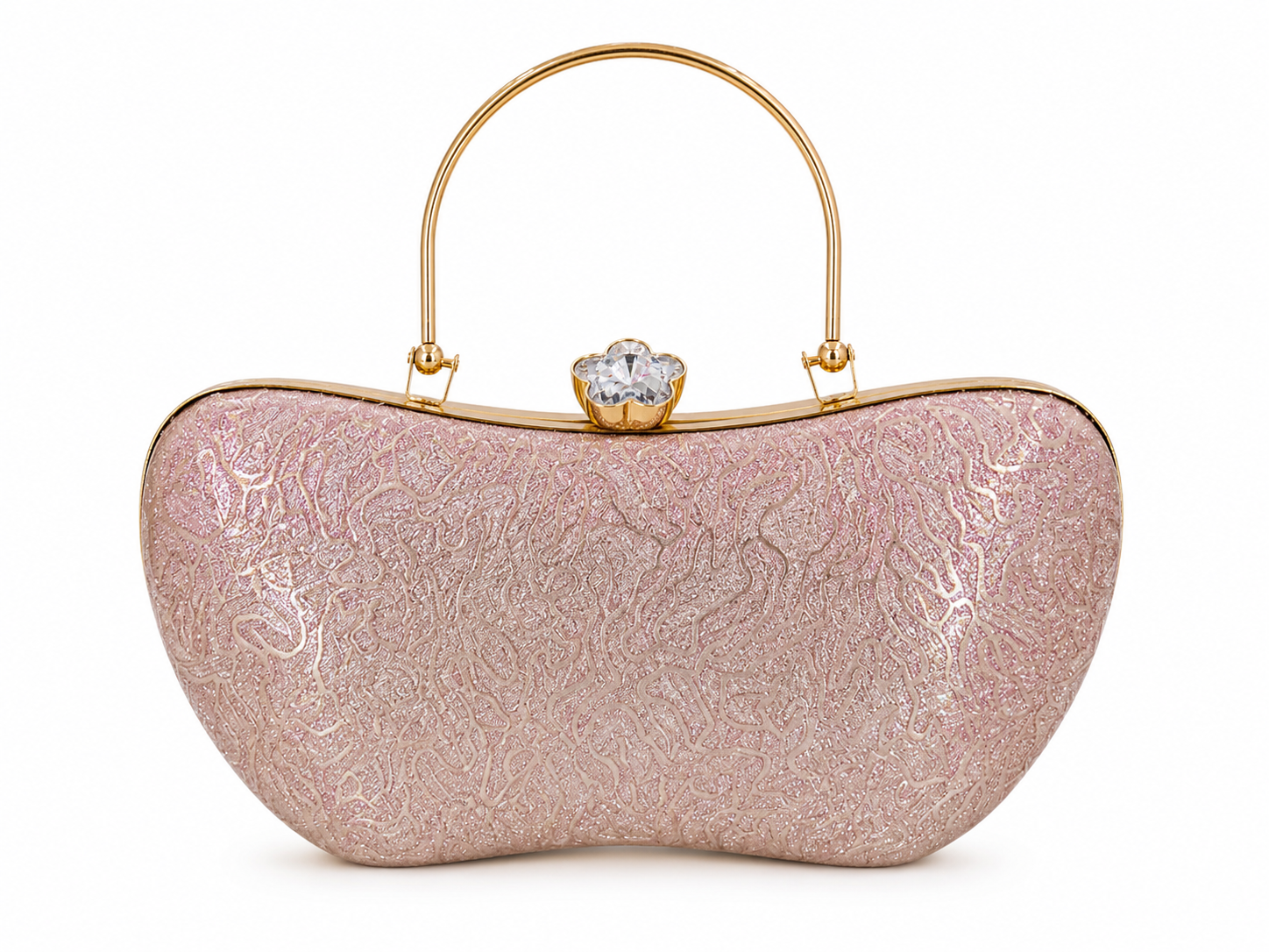 Pink clutch bag with gold handle and clasp on a white background
