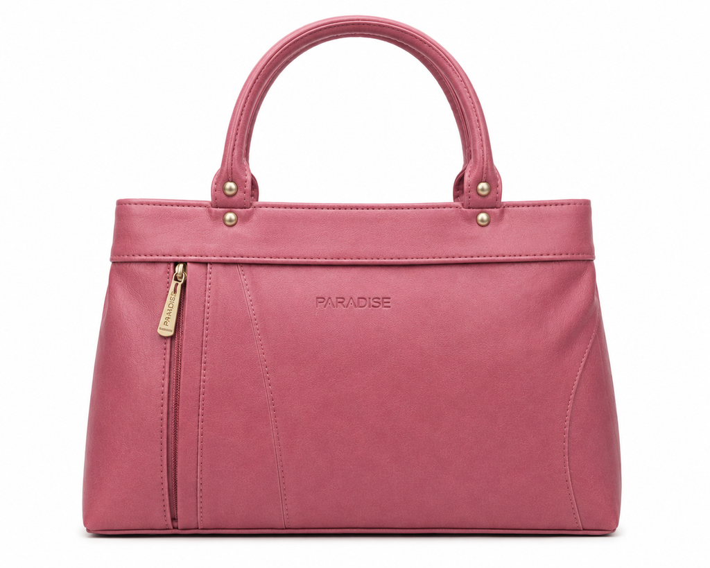 Pink handbag with gold accents on a white background