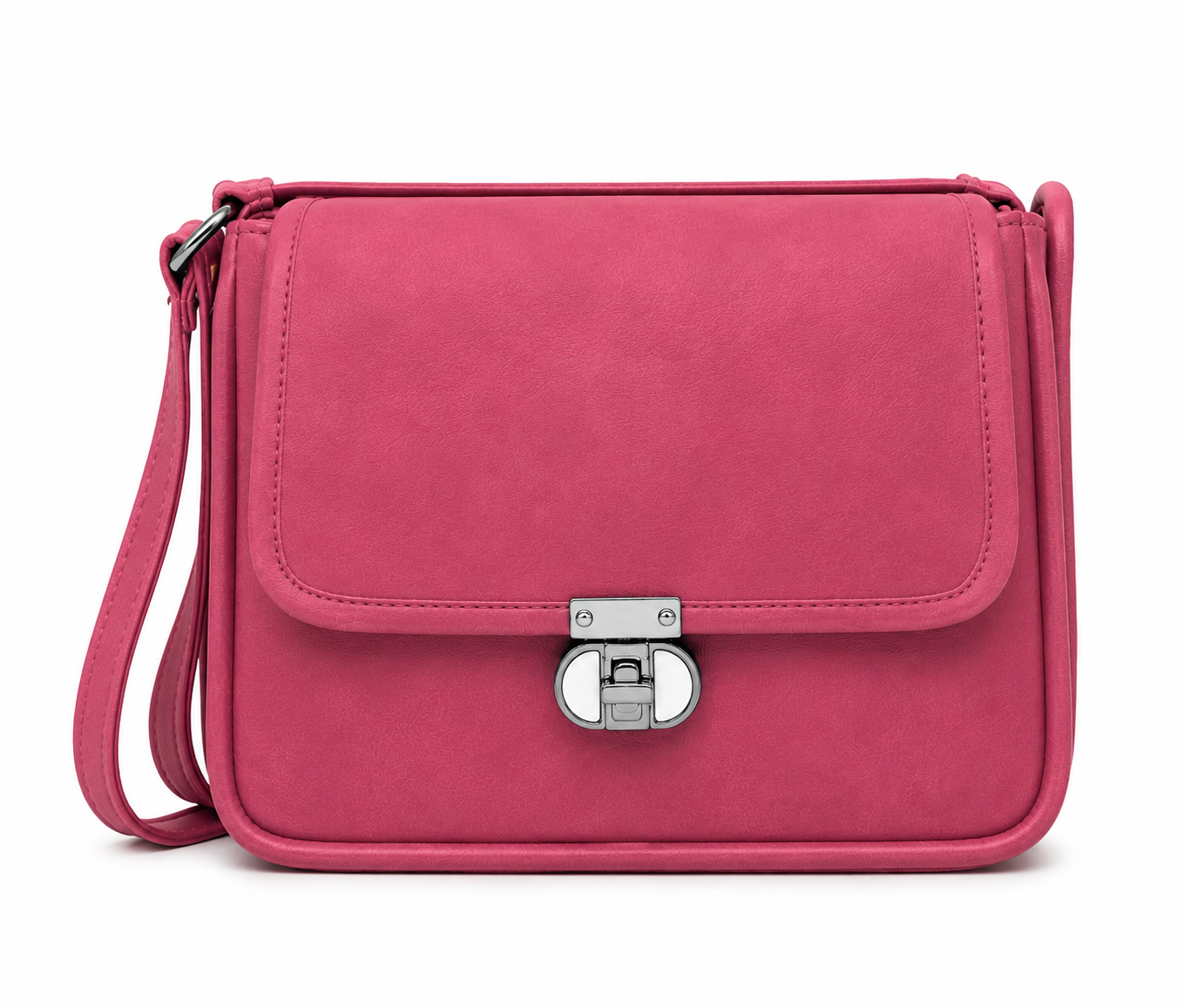 Pink handbag with a silver lock on a white background