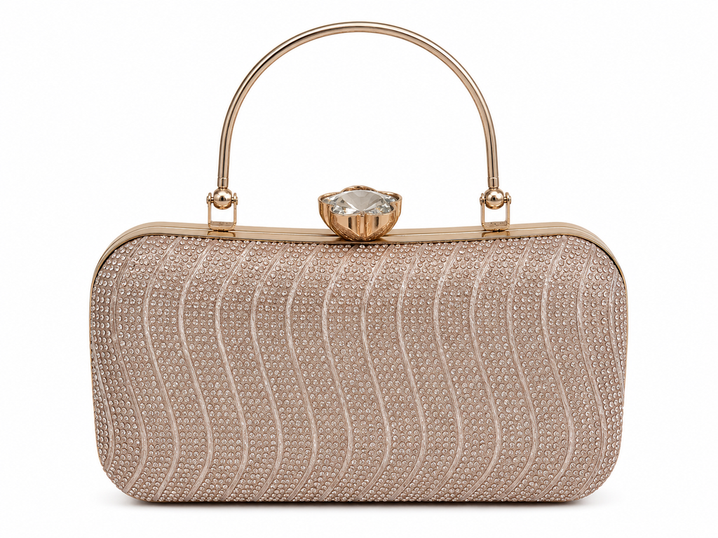 Sparkly handbag with a decorative clasp on a white background