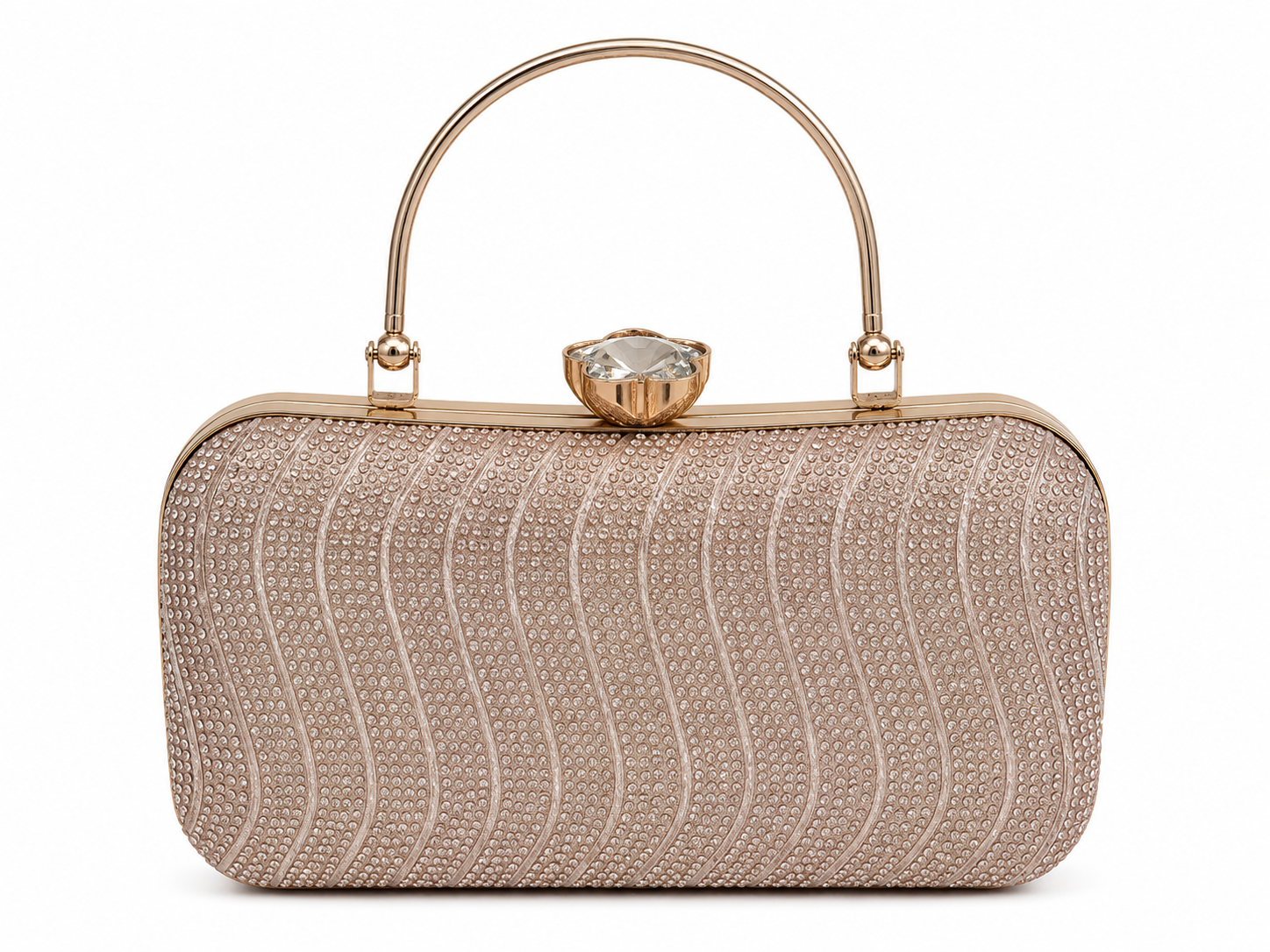 Sparkly handbag with a decorative clasp on a white background
