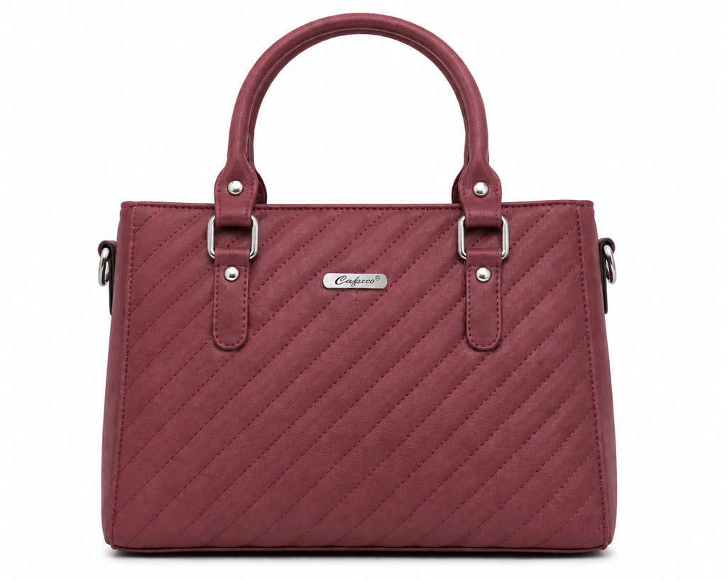 Maroon handbag with a visible brand logo on a white background