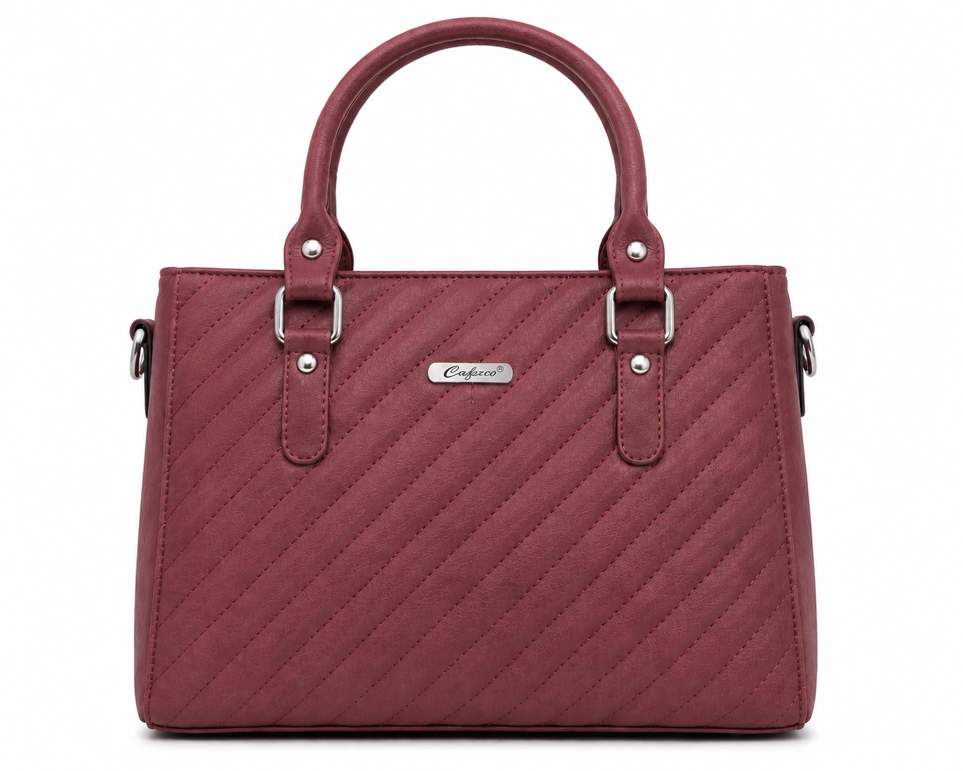 Maroon handbag with a visible brand logo on a white background
