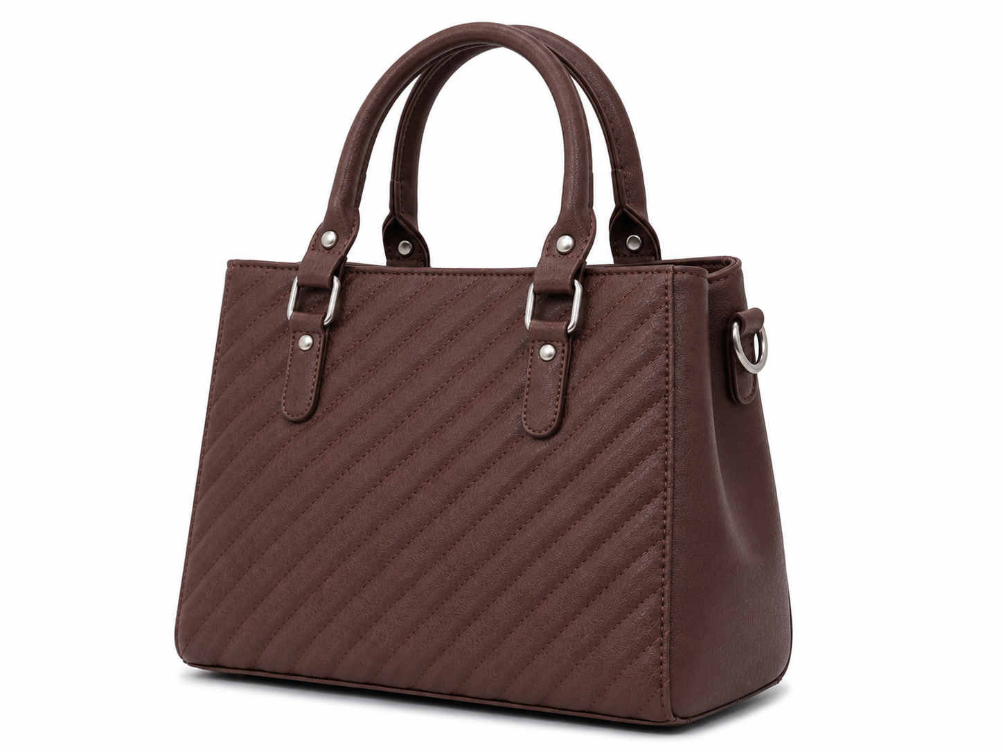 Brown handbag with a chevron pattern on a white background