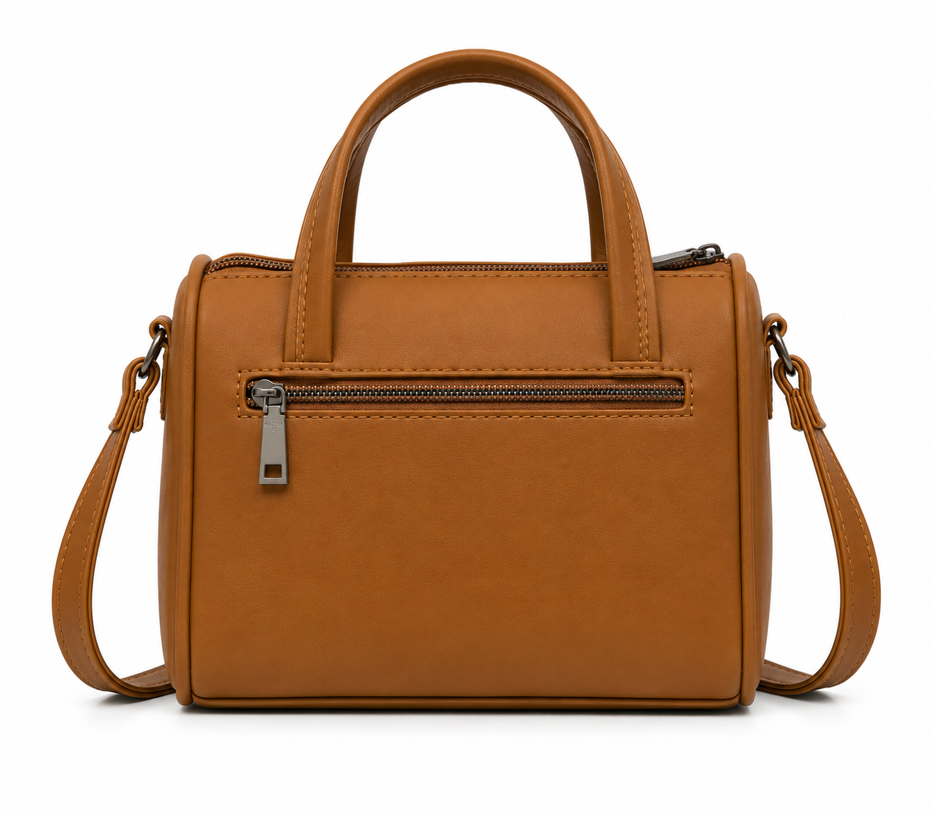 Brown handbag with a shoulder strap on a white background