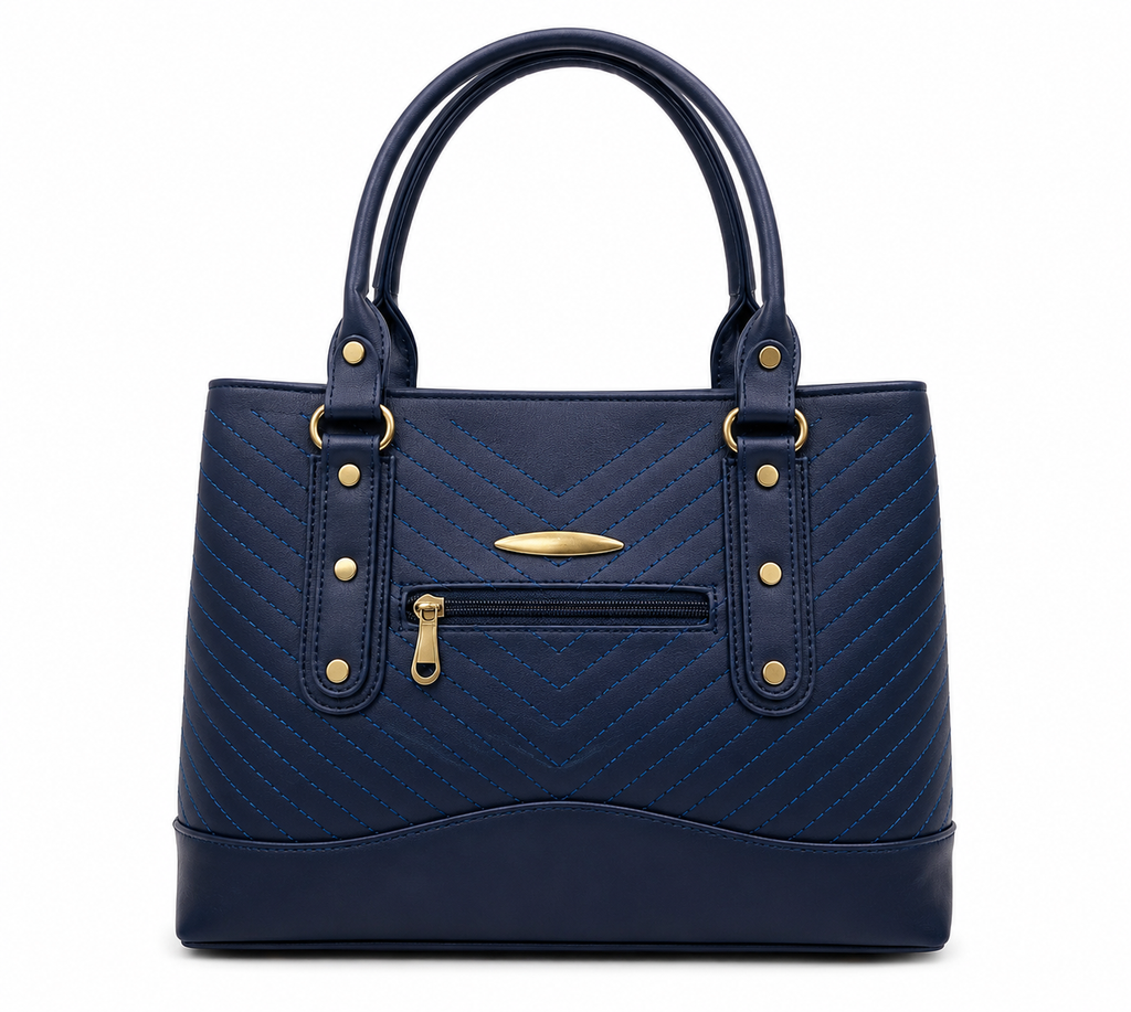 Navy blue handbag with gold accents on a white background