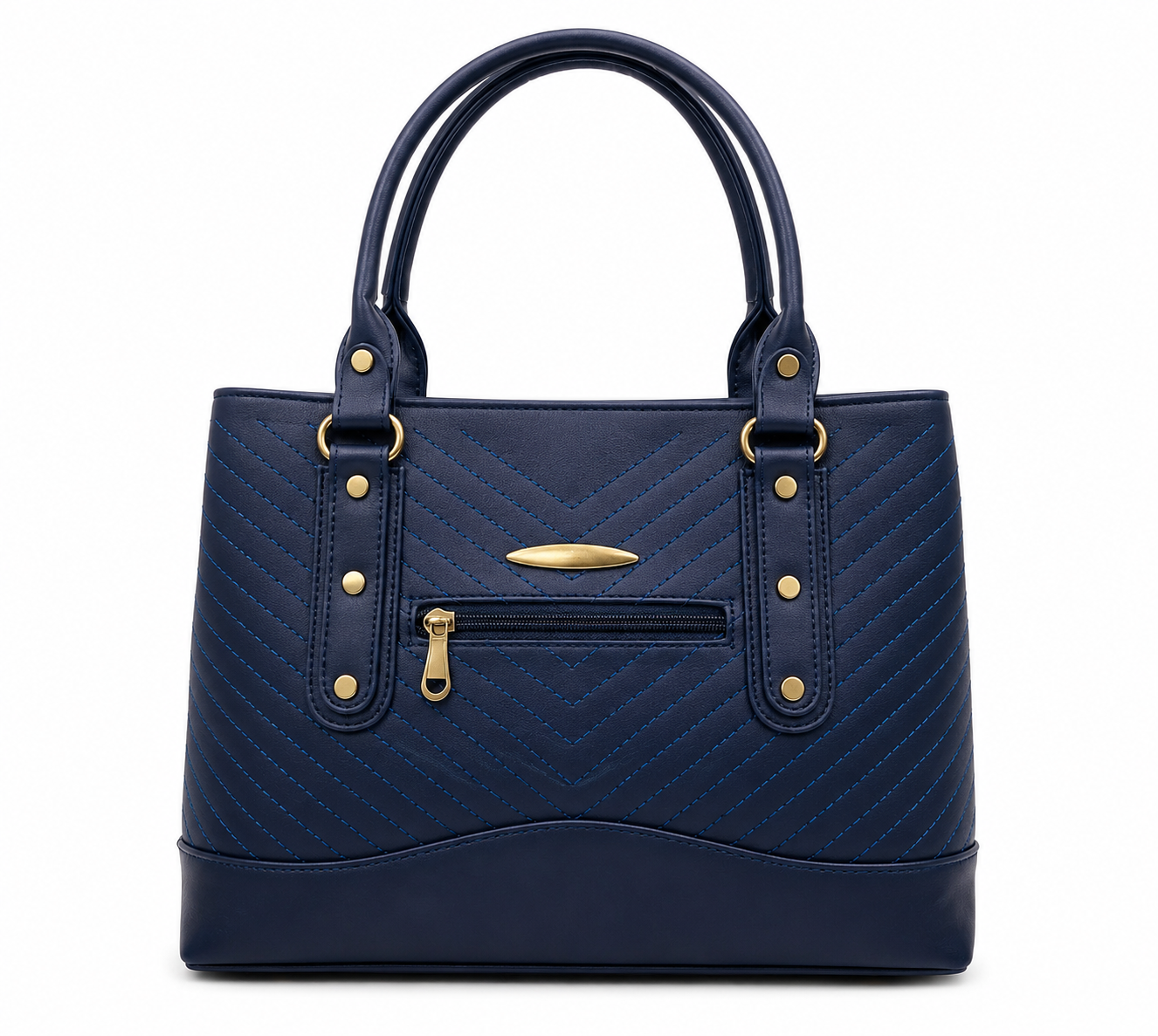 Navy blue handbag with gold accents on a white background