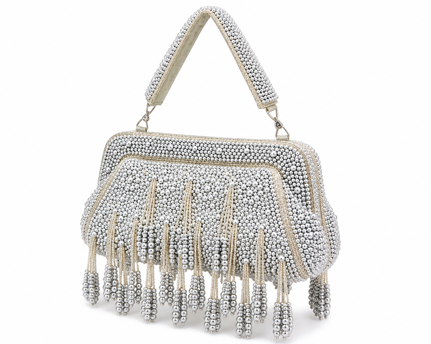 Silver beaded handbag with fringe on a white background