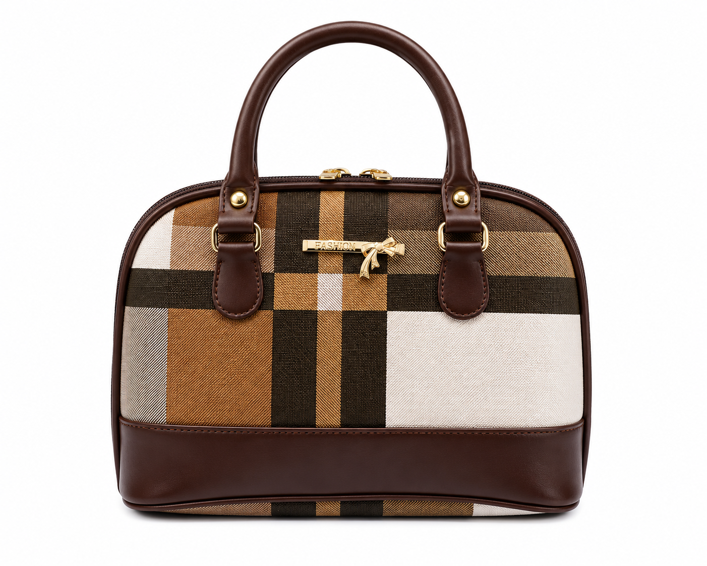 Plaid handbag with brown leather accents on a white background