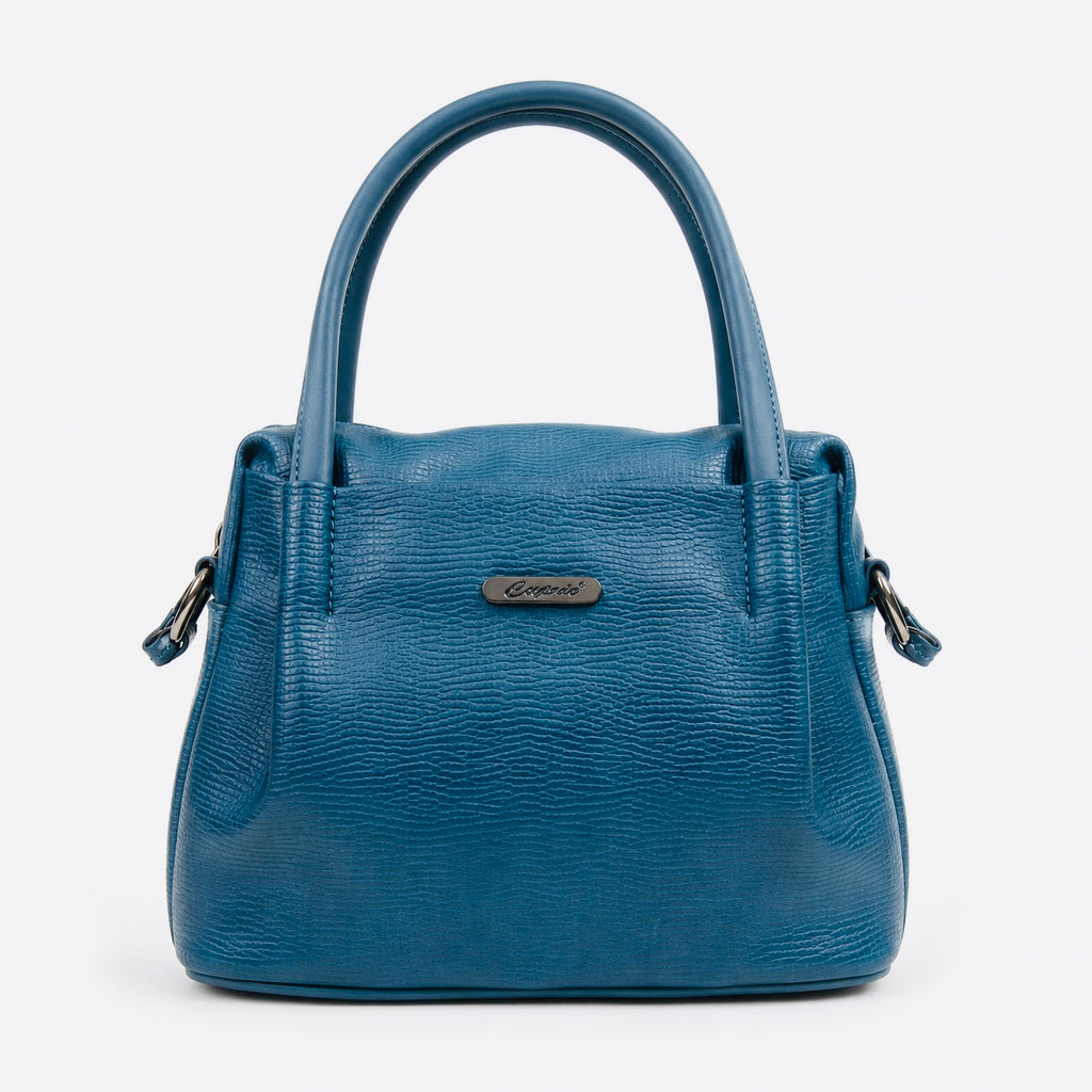 Blue handbag with a visible brand logo on a white background