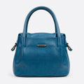 Blue handbag with a visible brand logo on a white background