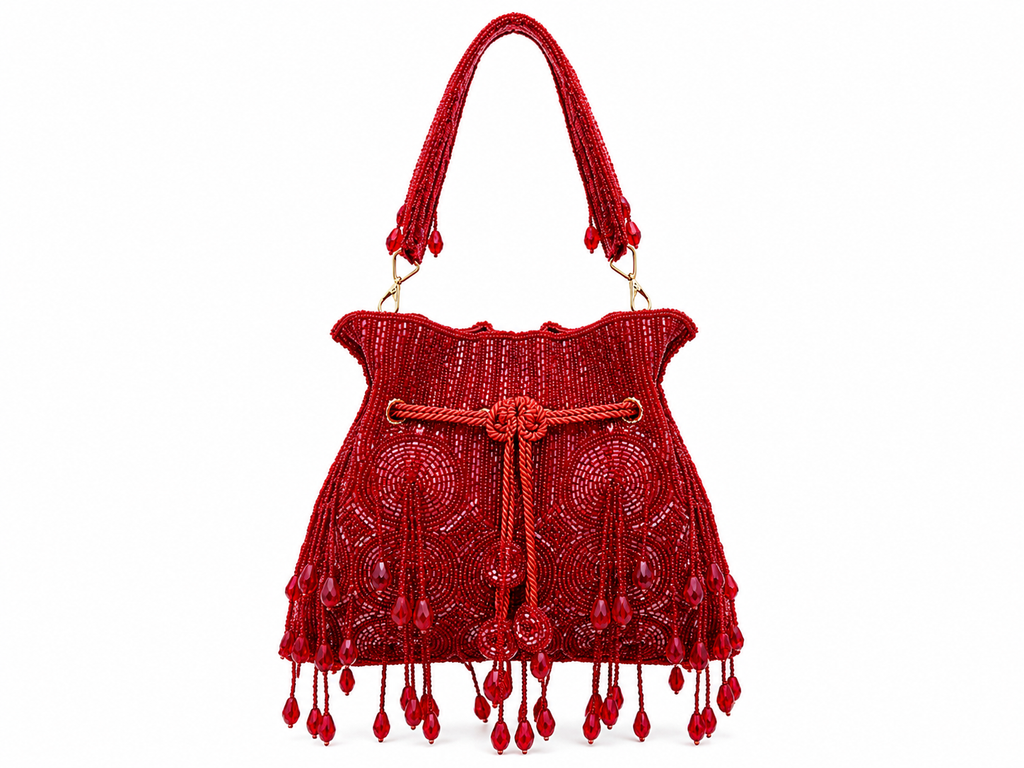 Red beaded handbag with fringes on a white background