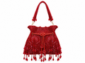 Red beaded handbag with fringes on a white background