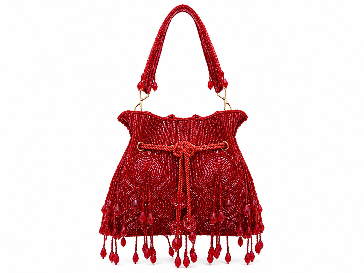 Red beaded handbag with fringes on a white background