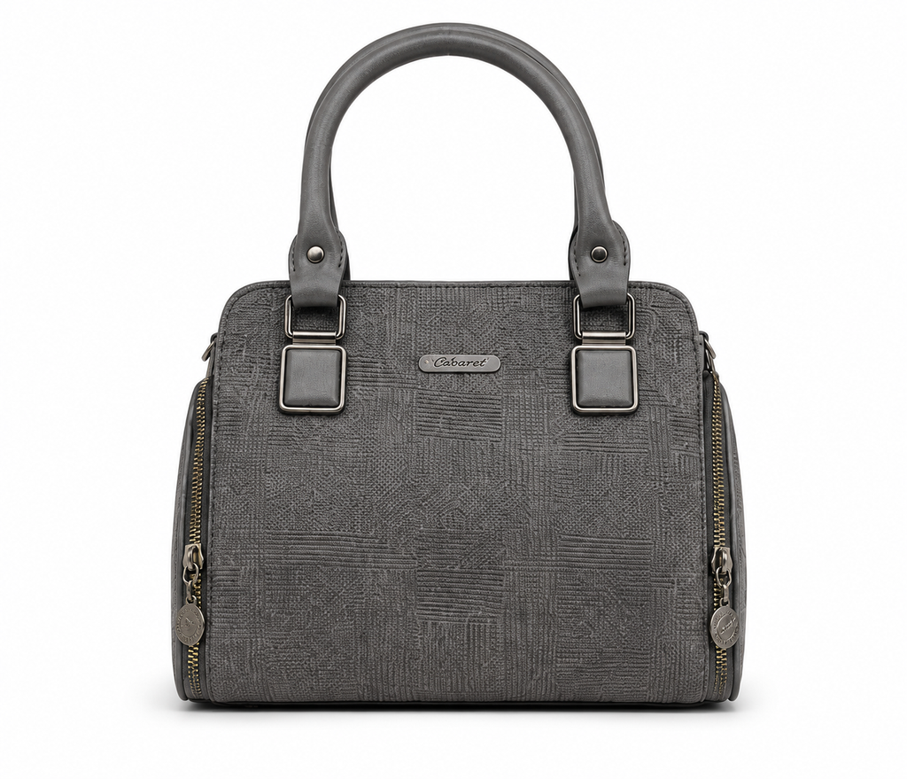 Gray handbag with textured surface and visible brand logo on a white background