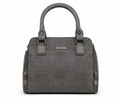 Gray handbag with textured surface and visible brand logo on a white background