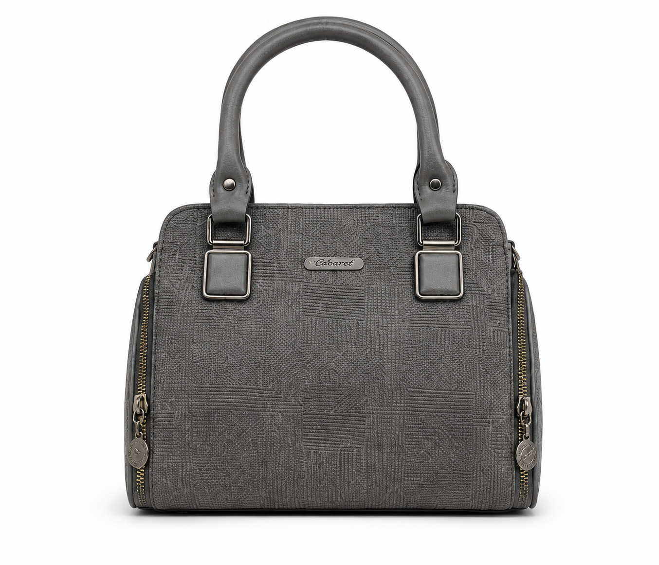 Gray handbag with textured surface and visible brand logo on a white background