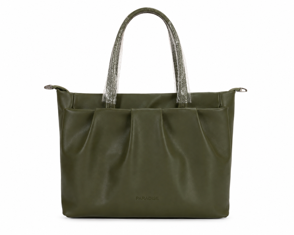 Green handbag with a textured handle on a white background