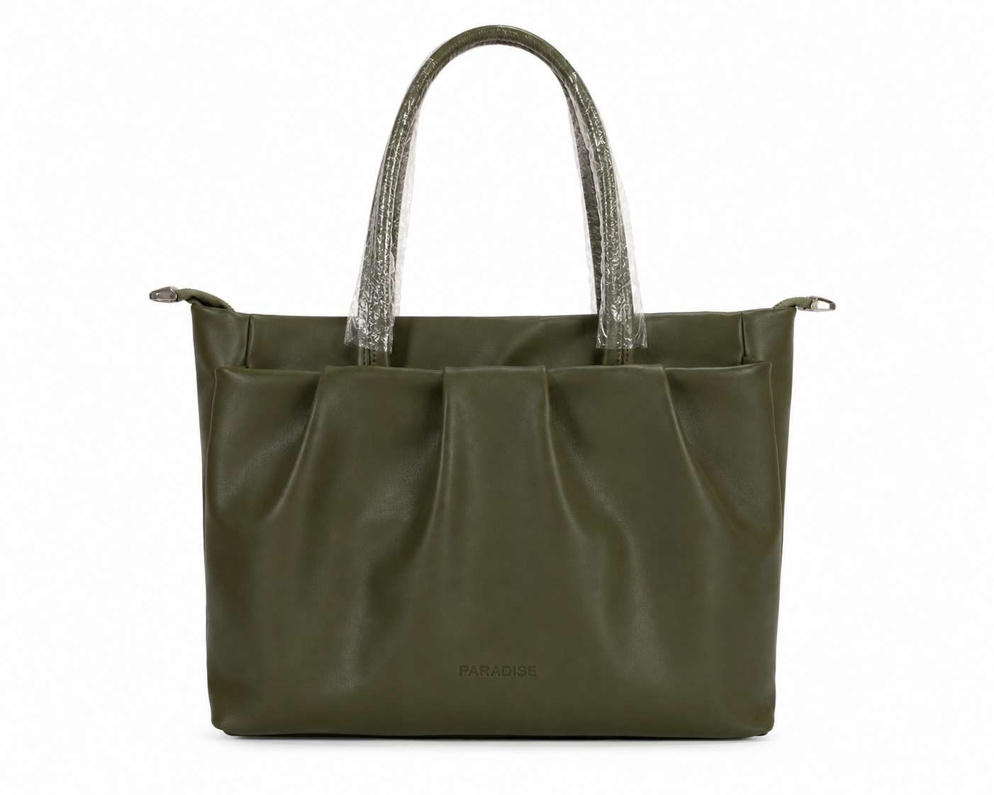 Green handbag with a textured handle on a white background