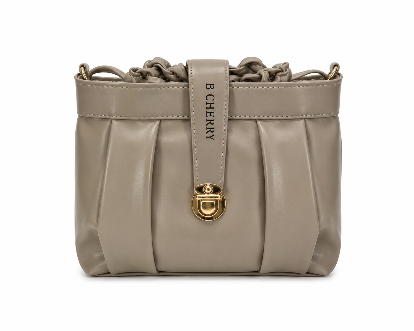 Beige handbag with gold lock and 'B Cherry' strap on a white background