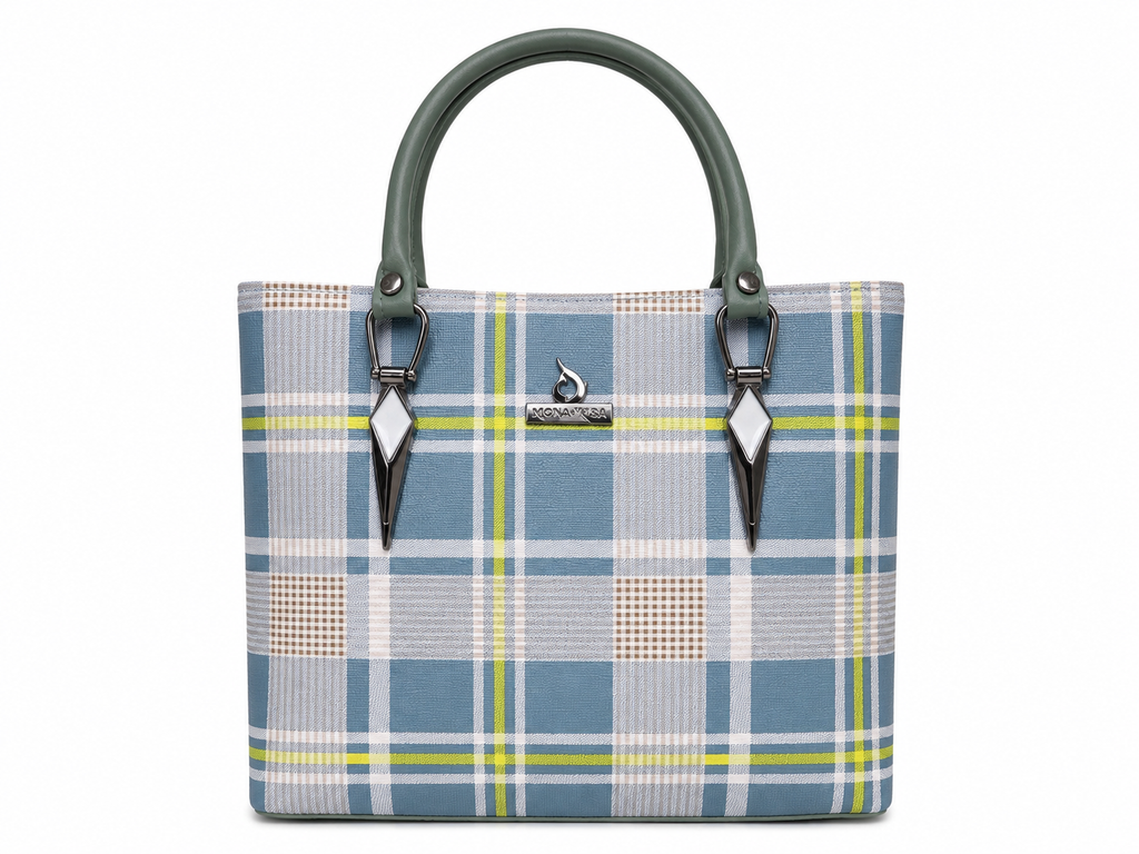 Plaid patterned handbag with green handle on a white background