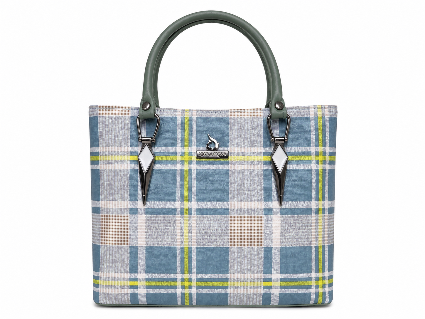 Plaid patterned handbag with green handle on a white background
