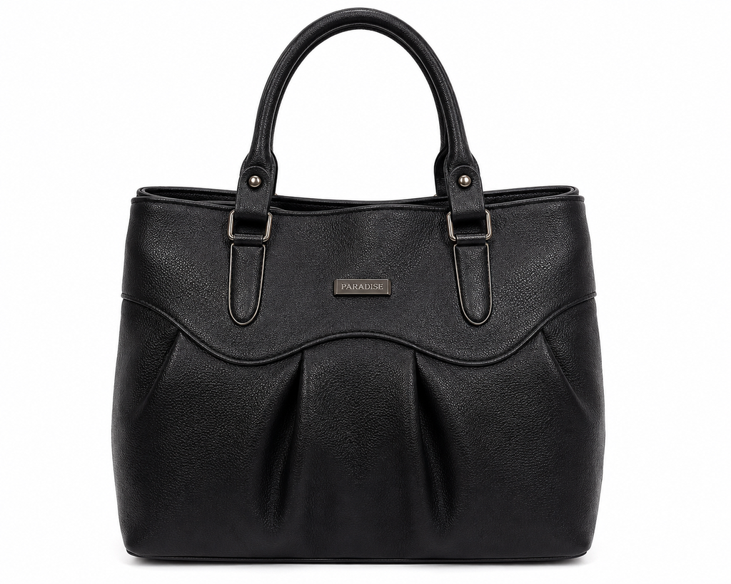 Black handbag with a visible brand logo on a white background