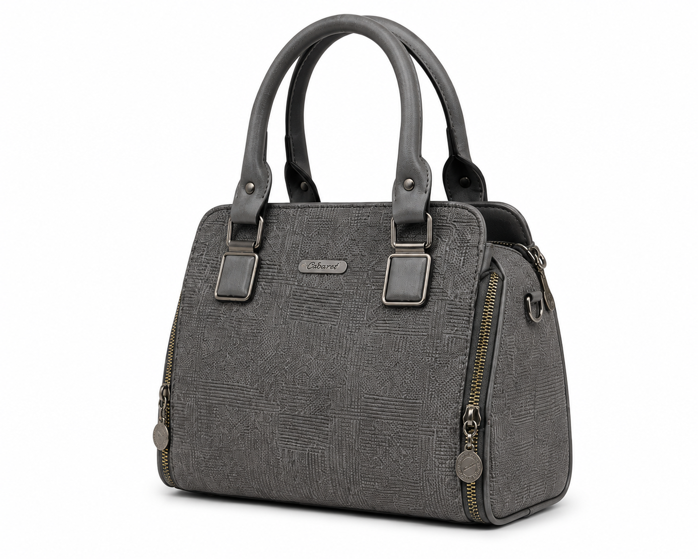 Gray handbag with gold zipper on a white background
