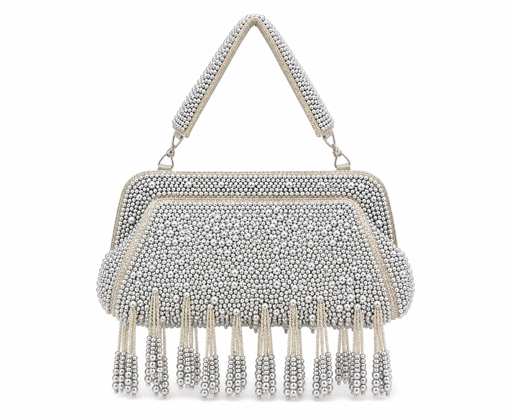 Silver Pearl Beaded Designer Party Clutch - BP01