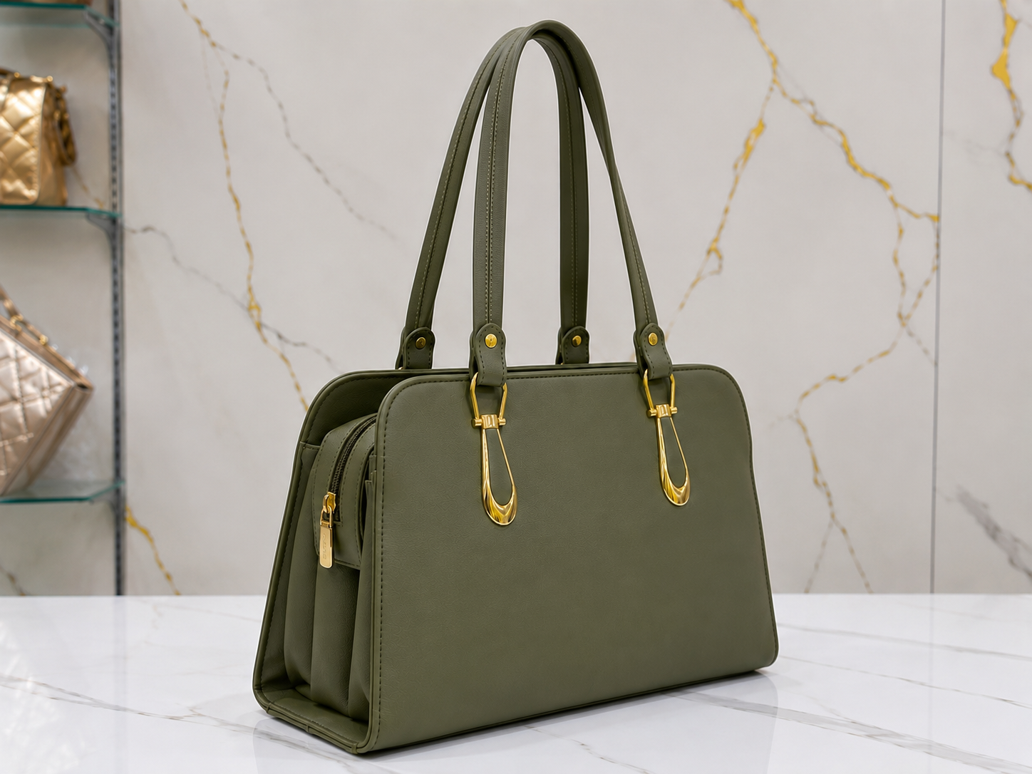 Green handbag with gold accents on a marble surface